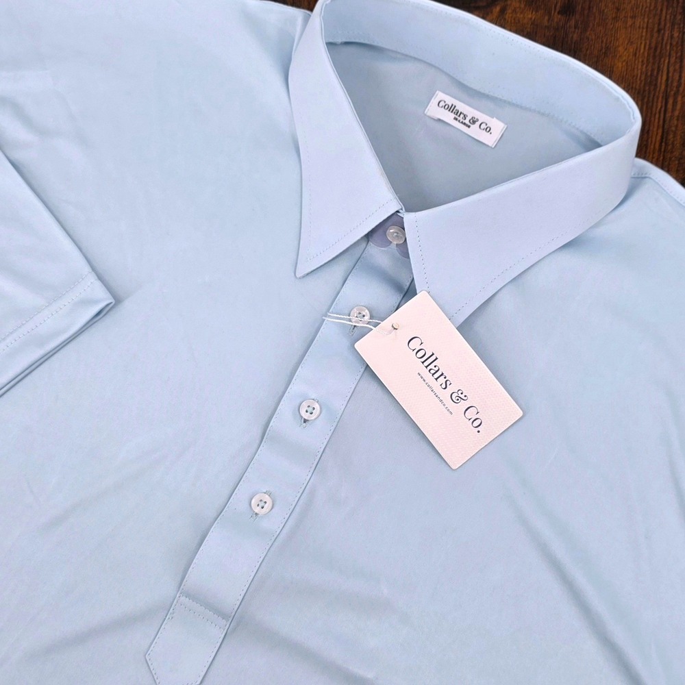NWT Collars & Co Dress Collar Polo Mens 3XL Light Blue Short Sleeve Stretch